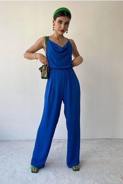 bayansepeti Cotton Aerobin Fabric Backless Strapless Blue Jumpsuit 124
