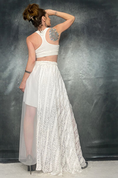 Quincey Maxi Length White Lace Tulle Skirt