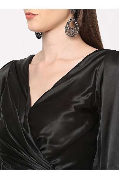 Mish By Styli Gathered Front V Neck Satin Maxi Dress