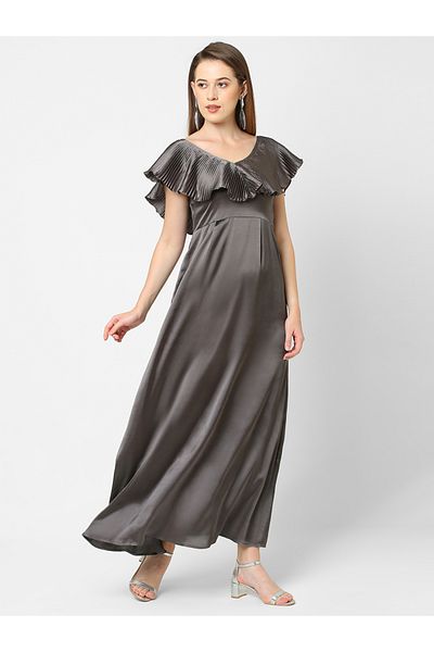 Mish By Styli Solid Satin Maxi Dress with Plisse Cape Neck