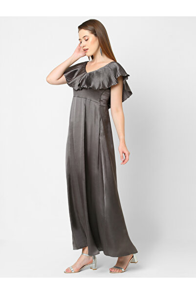 Mish By Styli Solid Satin Maxi Dress with Plisse Cape Neck