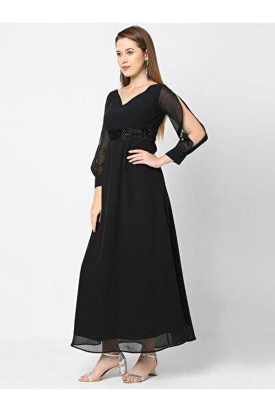 Mish By Styli Embellished Georgette Maxi Dress with Slit Sleeve