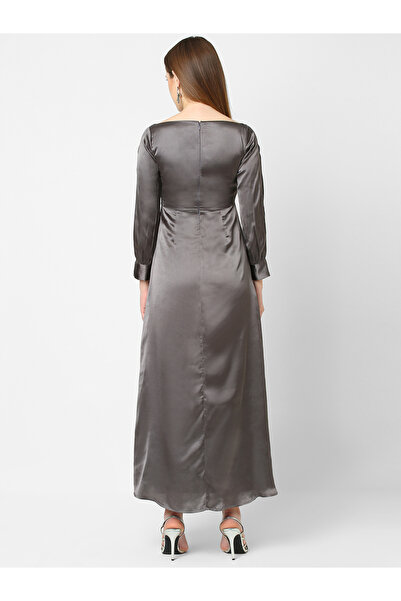 Mish By Styli Solid Satin Maxi Dress with Slit Sleeve