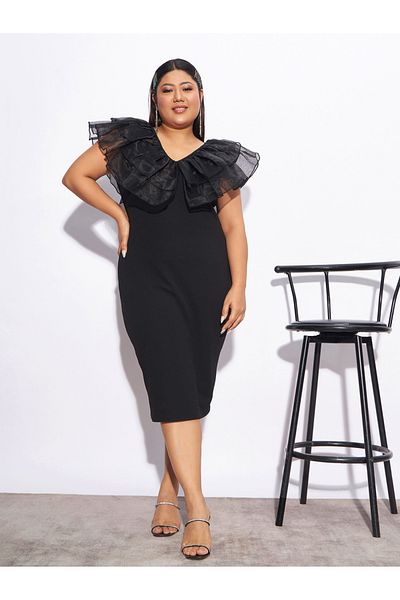 Sassafras By Styli Plus Organza Frill Detail Bodycon Midi Dress
