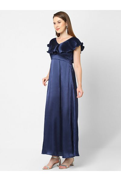 Mish By Styli Solid Satin Maxi Dress with Plisse Cape Neck