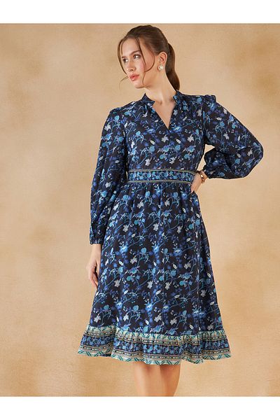 Femmella By Styli All Over Floral Border Print Knee Length Dress