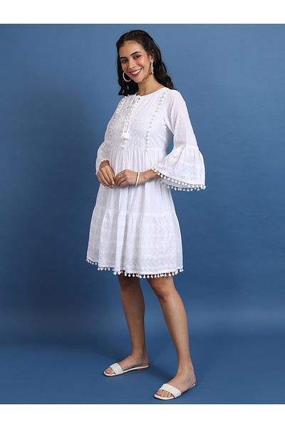 Vishudh By Styli Embroidered Pom pom Detail A Line Knee Length Dress