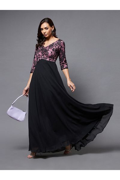 Miss Chase By Styli Floral Mesh Insert A-Line Maxi Dress