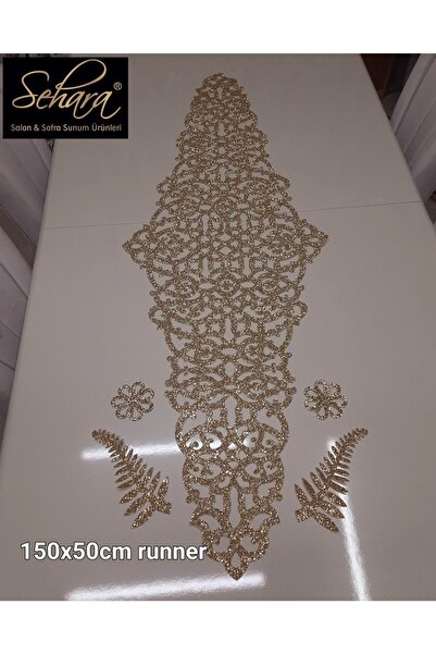 SEHARA 150x50CM BÜYÜK MASA RUNNERI/ IŞILTILI GOLD SUNİ DERİDİR/ 4 PARÇA KAHVE...