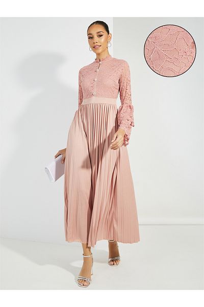 Styli Pleated Lace Detail High Neck Maxi Dress