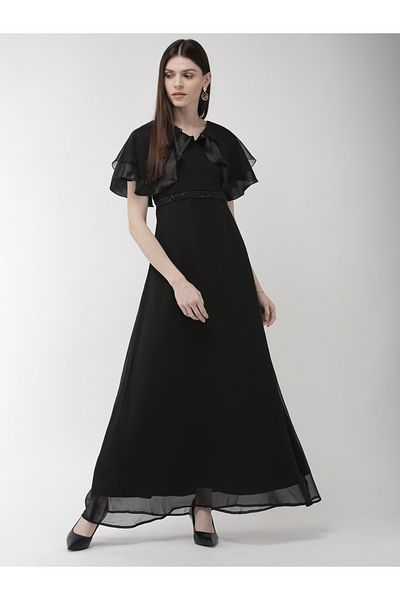 Mish By Styli Solid Georgette A-Line Maxi Dress with Cape Sleeve