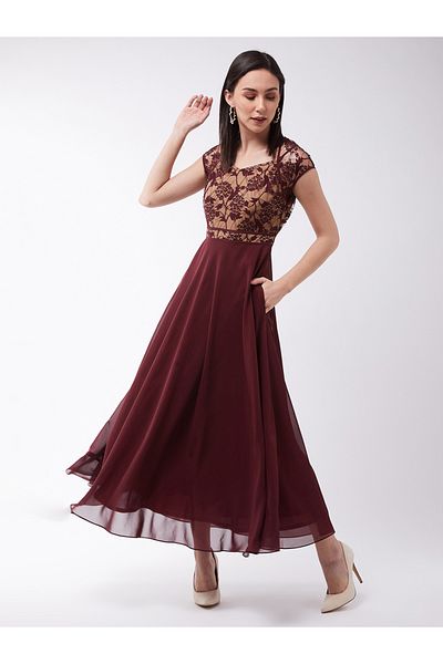 Miss Chase By Styli Floral Mesh Insert A-Line Maxi Dress