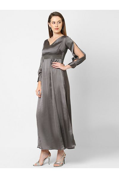 Mish By Styli Solid Satin Maxi Dress with Slit Sleeve