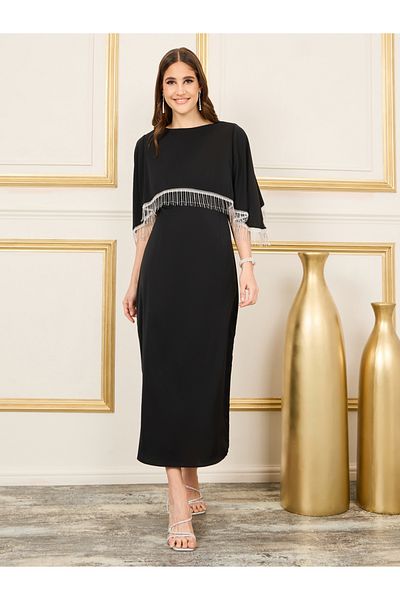 Luxewave By Styli Tassel Trim Cape Sleeves Shift Maxi Dress