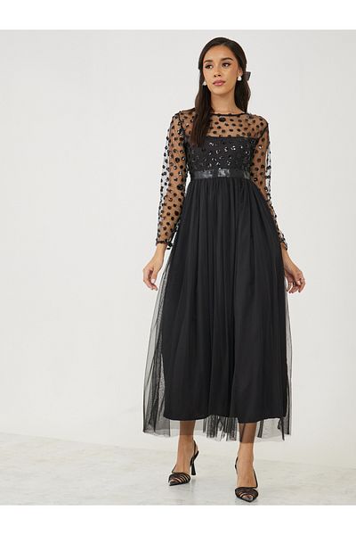 Styli Sequin Embellished Mesh Insert A-Line Maxi Dress