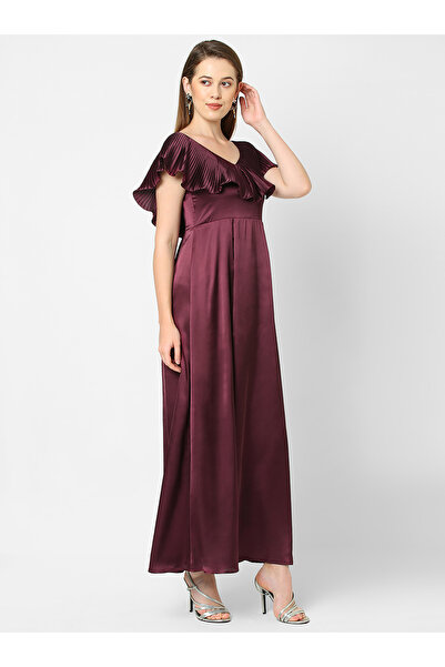 Mish By Styli Satin Plisse V Neck Ruffle Maxi Dress