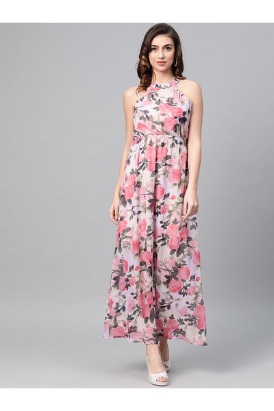 Sassafras By Styli Floral Print Halter Neck Maxi Dress