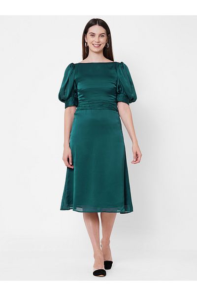 Mish By Styli Boat Neck Chiffon Midi Dress with Puff Sleeve