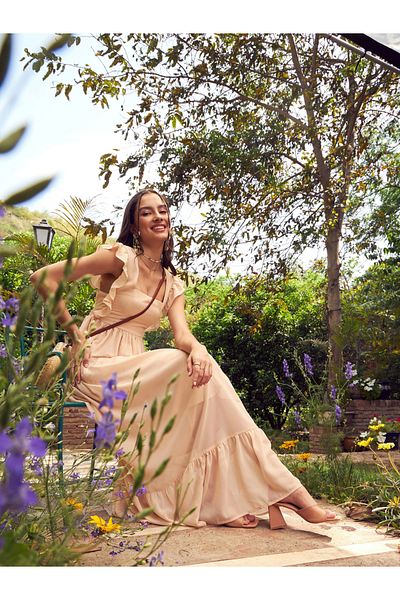 Sassafras By Styli Ruffle Detail Square Neck Back Tie Up Maxi Dress