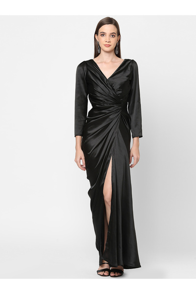 Mish By Styli Gathered Front V Neck Satin Maxi Dress