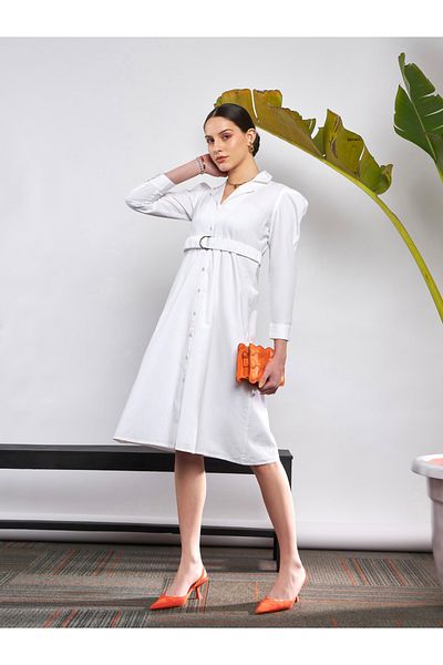 Sassafras By Styli Poplin Ruched Belted Shirt Dress with Puff Sleeve