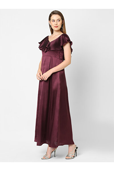 Mish By Styli Satin Plisse V Neck Ruffle Maxi Dress