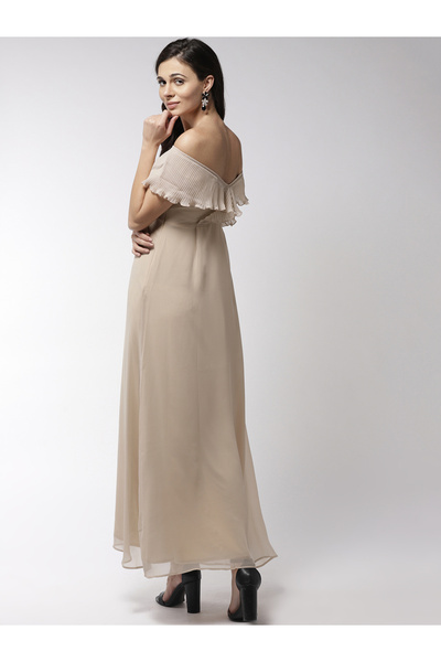 Mish By Styli Solid Satin Maxi Dress with Plisse Cape Neck