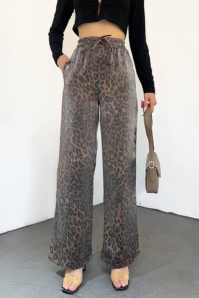 Bold Grup Women's Leopard Print Shiny Fabric High Waist Trousers