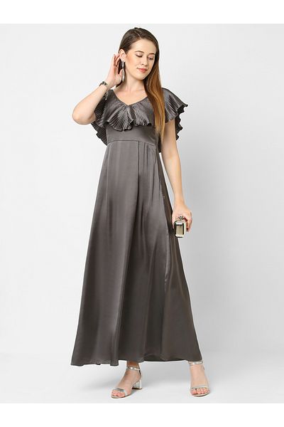 Mish By Styli Solid Satin Maxi Dress with Plisse Cape Neck