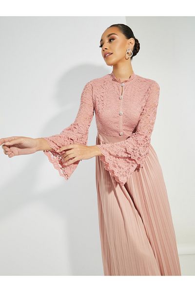 Styli Pleated Lace Detail High Neck Maxi Dress