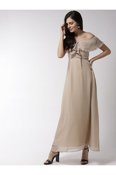 Mish By Styli Solid Satin Maxi Dress with Plisse Cape Neck