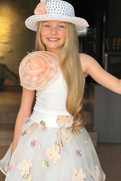 Riccotarz Κοριτσίστικο σετ μπλούζα με έναν ώμο με λεπτομέρεια τριαντάφυλλο και φούστα σολομού με σχέδιο ζακάρ