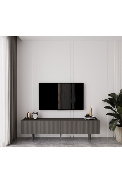 enwood Capella Gri Mdf Country 4 Kapaklı Ahşap Ayaklı 160 Cm Tv Ünitesi