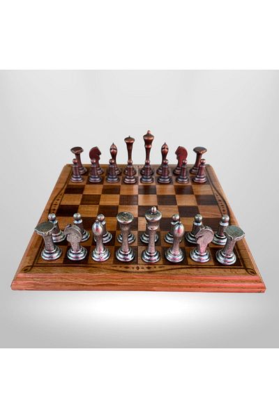 Metalicraft MC33 Metal Chess Set – Medium Size – Natural Wooden Beech Board – Handmade Antique Metal Stones