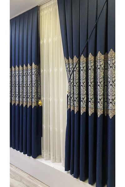 Fon Dünyası Panel Background Curtain Navy Blue Silver (single Wing)