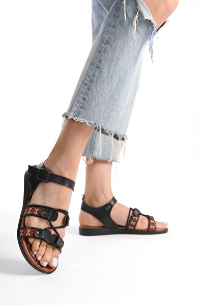 ünverdi Черни дамски сандали Aleyna от естествена кожа с етнически каишки - р...