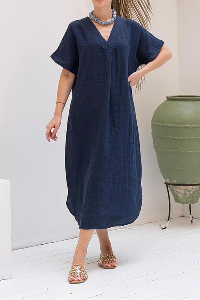 Suzi butik Rochie de damă din in brut cu decolteu în V albastru bleumarin - 3131