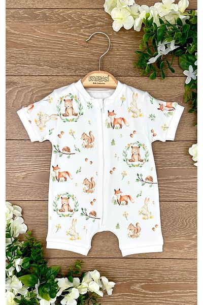 PATSAN Bear Patterned 100% Cotton Zippered Summer Baby Jumpsuit - Short Sleeve