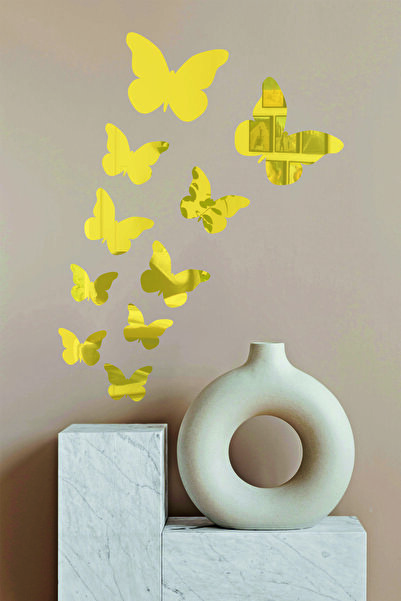 eslazerkesim Dekoratif Gold Ayna Pleksi Kelebek Duvar Süsü 10 Adet ( Önü Jela...