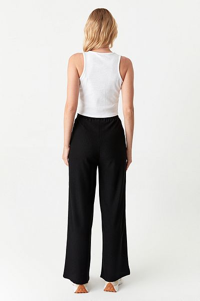 Select Moda Women's Black Elastic Waist Wide Leg Seersucker Trousers