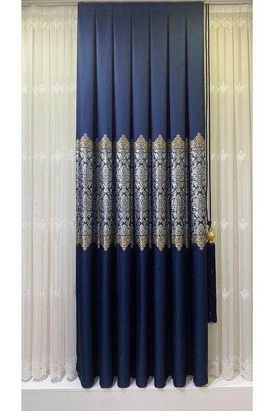 Fon Dünyası Panel Background Curtain Navy Blue Silver (single Wing)