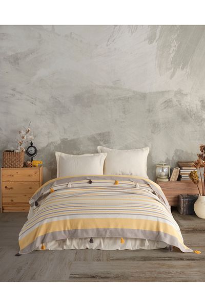 Lux Touch بيكيه مزدوج أصفر من Mabel - 220x240 سم، قطن مع بوم بوم