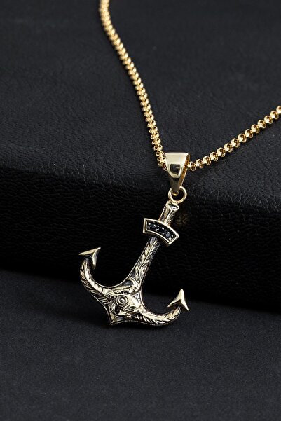 Cenova Jewelry 14 Ayar Altın El Yapımı Taşlı Çapa Model 55 Cm Zincirli Erkek Kolye