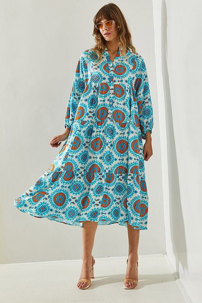 Bianco Lucci Ethnic Patterned Women's Dress - Elastic Sleeve and Button Detail, Model 375460251402
