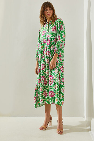 Bianco Lucci Ethnic Patterned Women's Dress - Elastic Sleeve and Button Detail, Model 375460251402