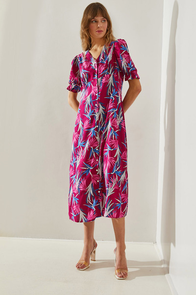 Bianco Lucci Μίντι γυναικείο φόρεμα καρπούζι με λαιμόκοψη - με κουμπιά, 3699,60251403