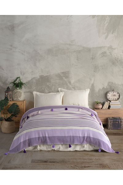 Lux Touch بيكيه مزدوج باللون الأرجواني من Mabel - 220x240 سم، قطن مع بوم بوم