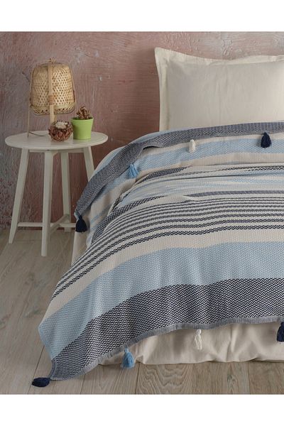 Lux Touch Stiuca dubla Mabel Blue - 220 x 240 cm, bumbac cu pompoane