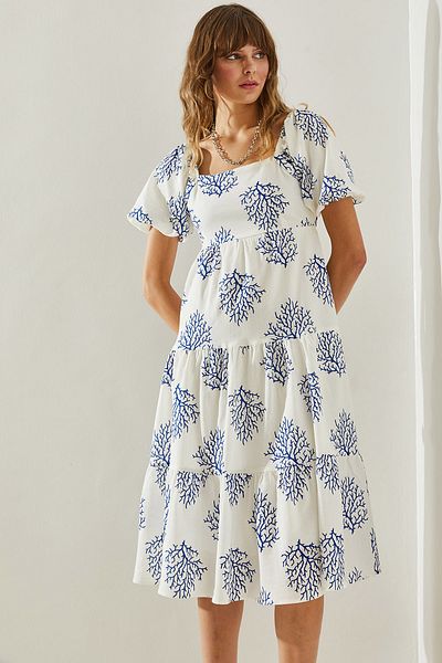 Bianco Lucci Women's Leaf Patterned Square Collar Watermelon Sleeve Bow Detail 5891 Dress -60251408