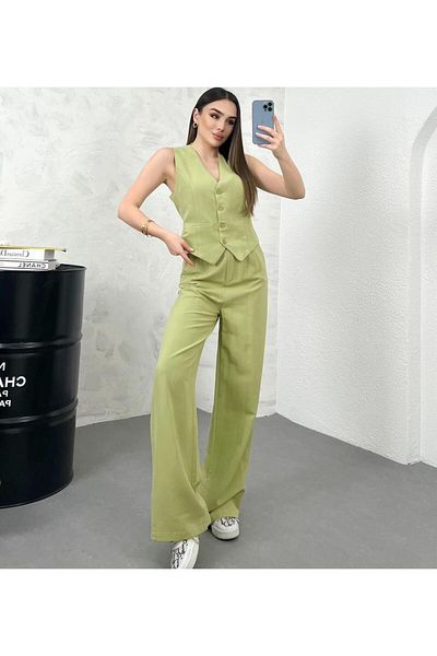 HARMONY GLOBAL Green Linen Palazzo Pants and Vest Set - Lined, Elastic High Waist 9257